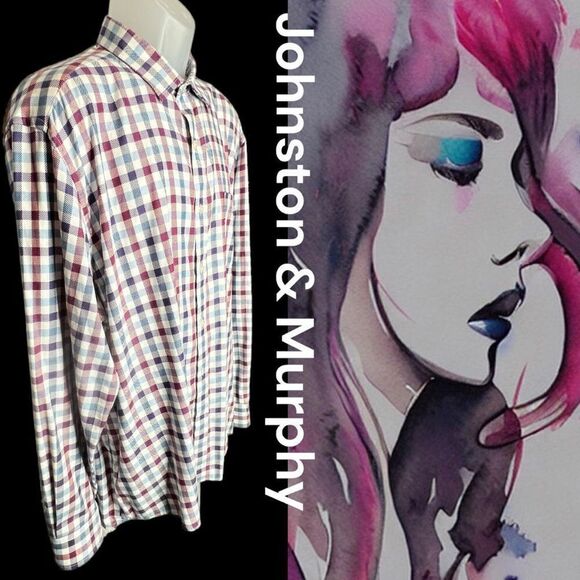 Johnston & Murphy Brushed Heathered Woven Shirt Blue Plum plaid LS Button Down - Picture 1 of 14